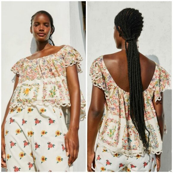 💕FARM RIO💕 Delicate Forest Scarves Blouse ~ Micro Floral Print Small NWT - Picture 3 of 16